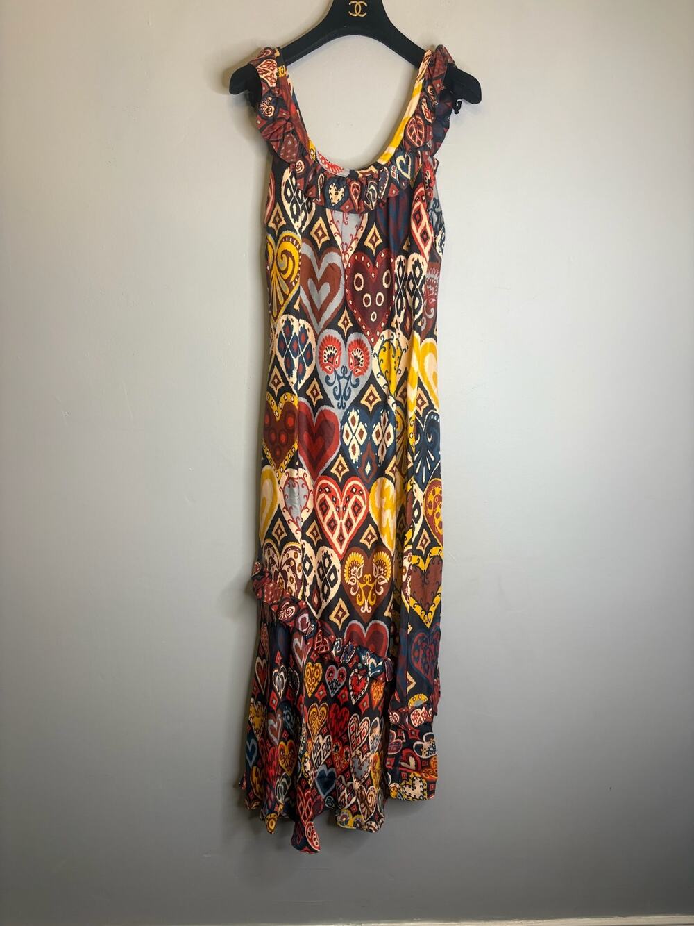 Farm Rio Multicolor Geometric Ruffle Maxi Dress Women's Size S Sleeveless Boho